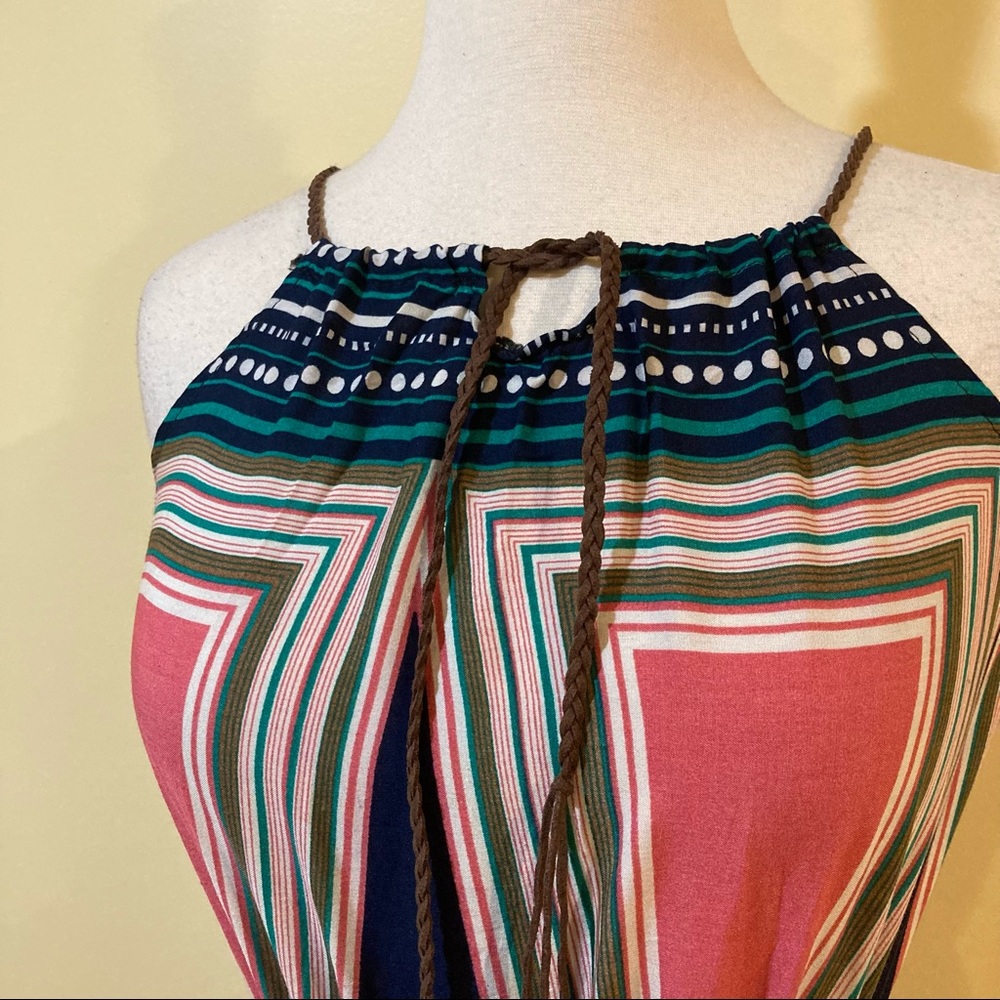 Bold Geometric Print High Neck Tie Front Keyhole Maxi Dress - Picture 5 of 5